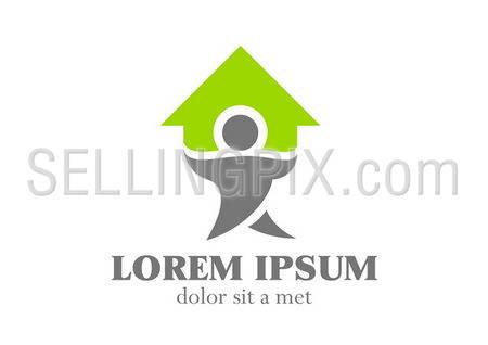 Household logo template. Man holding/charring a house. Vector icon. Editable.