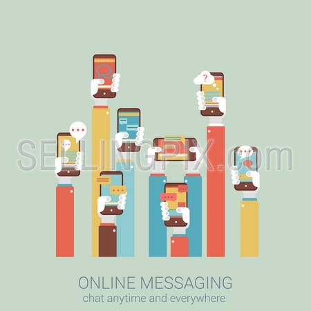 Flat style design vector illustration online messaging mobile app concept. Collage of hands holding touch phones with message im chat dialogue application infographics big flat conceptual collection.