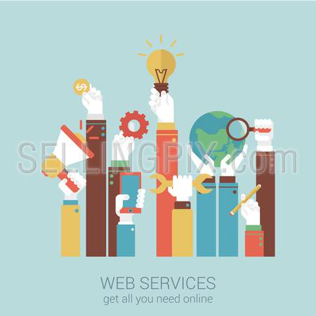 Online internet services flat style design vector illustration concept. Concepts hands holding globe magnifier bulb gear pencil phone coin money loudspeaker web banners and printed materials.