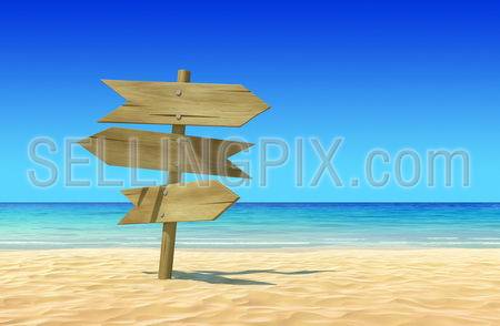 Three empty wooden signpost to place your logo, product or text on idyllic tropical sand beach. Clean, extremely detailed 3d render. Concept for rest, holidays, resort, spa background.