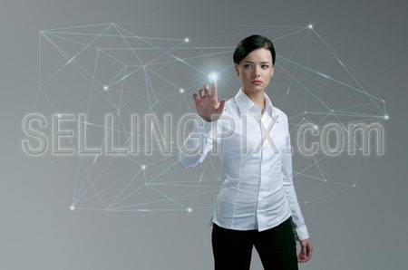 Touching button social network future interface, Businesswoman pressing light point push trigger in wireframe. Social network concept. Future collection series.