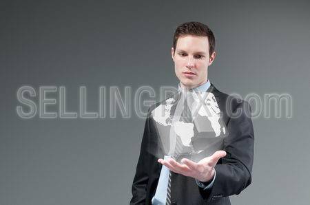 International business technology concept. Globe from businessman palm. Young man generating cube world. Future collection series.