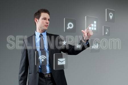 Businesman pushing button. Young man touching interface. Pressing technology. Future push interface collection.