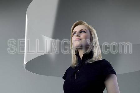 Transparent screen touch copyspace for logo, text, product. Blonde looking at empty future stylish display mirror. Future collection series.