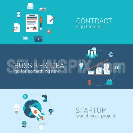 Business contract idea startup concept flat icons banners template set sign deal start-up launch project vector web illustration website click infographics elements.