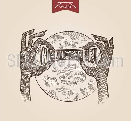 Halloween handdrawn engraving style template zombie hands holding heading poster banner print web site pen pencil crosshatch hatching paper painting retro vintage vector lineart illustration.