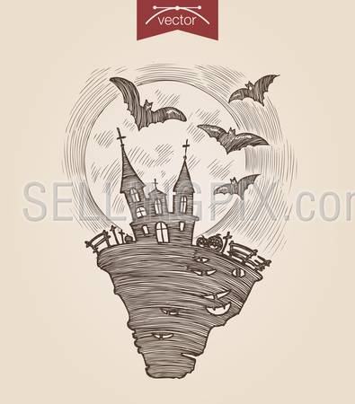Halloween handdrawn engraving style template dark night scary castle flying bats full moon poster banner print web site pen pencil crosshatch hatching paper painting retro vintage vector lineart illustration.