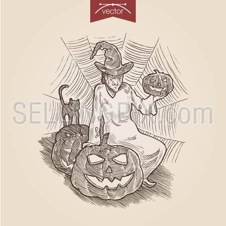 Halloween witch cat pumpkin handdrawn engraving style template poster banner print web site pen pencil crosshatch hatching paper painting retro vintage vector lineart illustration.
