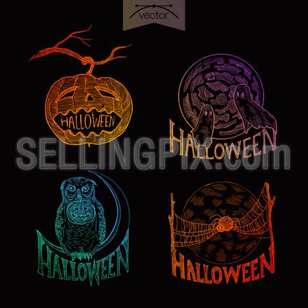 Halloween handdrawn engraving style labels set pumpkin ghosts owl spider spiderweb template poster banner print web site pen pencil crosshatch hatching paper painting retro vintage vector lineart illustration.