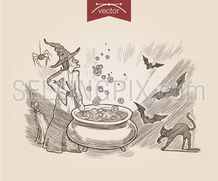 Halloween witch cooking poison black cat bat handdrawn engraving style template poster banner print web site pen pencil crosshatch hatching paper painting retro vintage vector lineart illustration.