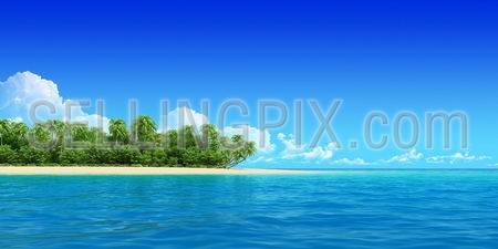Palms on empty idyllic tropical sand beach. No noise, clean, extremely detailed 3d render. Concept for rest, holidays, resort, spa design or background.