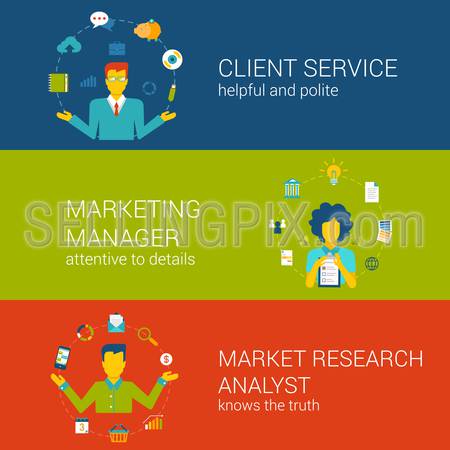 Marketing CRM concept flat web banners template set client service advertisement manager market research analyst vector illustration website infographics elements. Professionals in process collection.