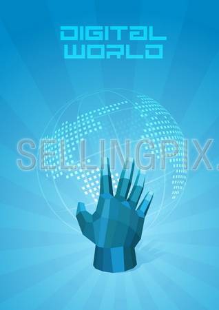 Digital World dotted map. Hand touches the globe. Future Technology Concept. Design Template of Presentation. Background abstract blue. Vector. Editable.