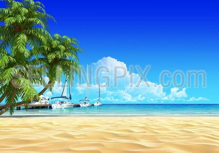 Marina pier and palms on empty idyllic tropical sand beach. No noise, clean, extremely detailed 3d render. Concept for rest, yachting, holidays, resort, spa design or background.