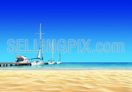 Marina pier with empty idyllic tropical sand beach. No noise, clean, extremely detailed 3d render. Concept for rest, yachting, holidays, resort, spa design or background.