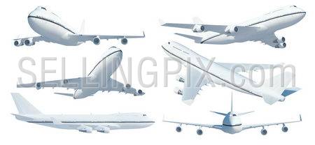 Airplane isolated from different viewpoints.  Copyspace airliner abstract on white background.  High quality realistic 3d render aircraft