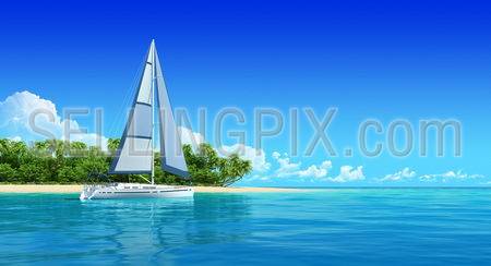 Yacht near the tropic island. Travel background with copyspace. Ocean sea panorama view.