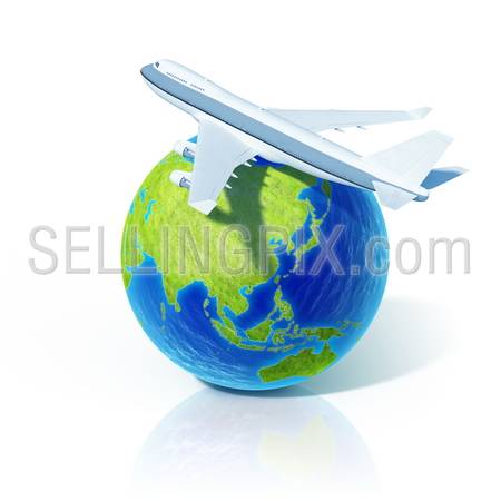 Airline concept. Airplane over world globe.  Little tiny planets collection.