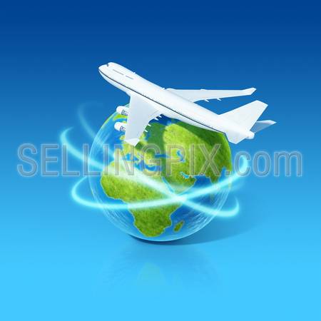 World airlines concept. Airplane flying over earth globe. Little tiny planets collection.