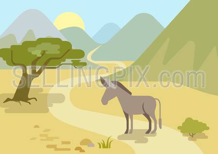 Donkey in the mountains habitat flat design cartoon vector farm wild animals. Flat zoo nature children collection.
