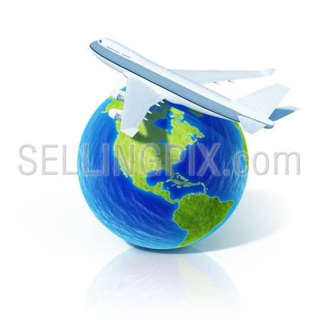 Airline concept. Airplane over world globe. Little tiny planets collection.