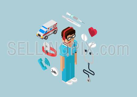 Medical emergency ambulance car all-day first aid service professional doctor nurse. Flat 3d isometric pixel art modern concept vector web illustration materials website infographics pixelart pills.