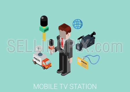 Press and television mobile TV station correspondent. Flat 3d isometric modern design concept. Journalist, microphone, interview, camcorder, badge, satellite transfer van vector web illustration.