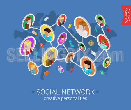 Creative social network flat 3d isometric pixel art modern design concept vector. People profiles connected on world map with social media icons. Web banners illustration website click infographics.