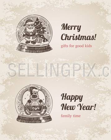 Chrystal call Santa elk set New Year handdrawn engraving style template postcard poster banner print. Web site pen pencil crosshatch hatching paper painting retro vintage vector lineart illustration.