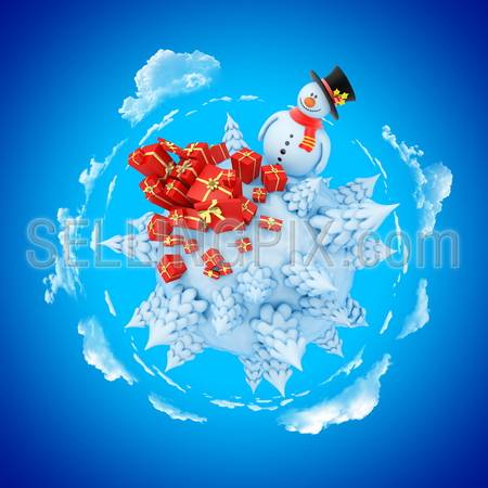 New Year mini planet concept. Snowman with fir and gifts.