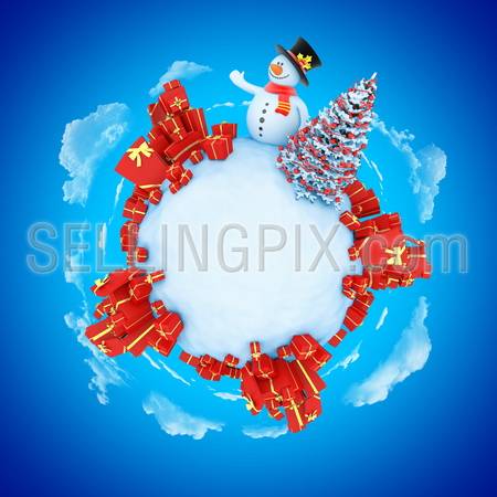 New Year mini planet concept with copy space. Snowman with fir and gifts.