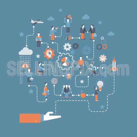 Business start flat design infographics process concept template vector banner illustration. Rocket launch from hand palm and business creation starting process connections.