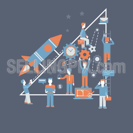 Business starting rocket flat design infographics process concept template vector banner illustration. Rocket launch from hand palm and business creation starting process connections.