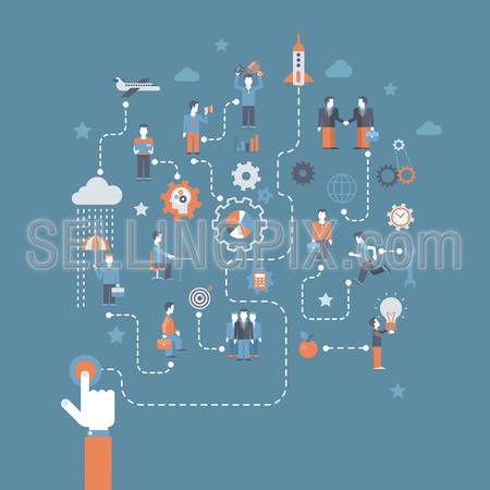 Business start button press flat design infographics process concept template vector banner illustration. Rocket launch from hand palm and business creation starting process connections.
