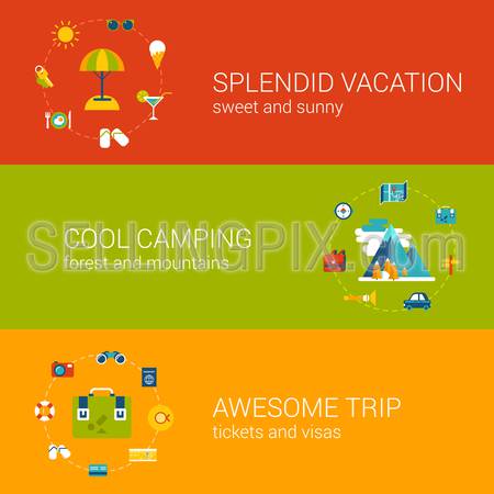 Flat travel, vacation, tourism and holiday concept icons in banners vector template set. Splendid trip, cool camping, awesome flight conceptual. Flat web illustration infographics elements collection.