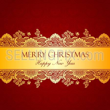 Vintage Gold tape. Floral ornament.  Flourish pattern wallpaper. Retro background. Merry Christmas & Happy New Year. Vector. Copyspace.