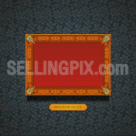Vintage Frame on the wall. Floral ornament.  Flourish pattern wallpaper. Retro background. Vector. Copyspace.