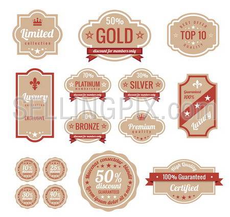 Sale discount RETRO labels. Old Design Stickers pack.  Premium, Gold, Silver, Bronze Vintage Labels. Retro logo template. Trendy design. High quality.