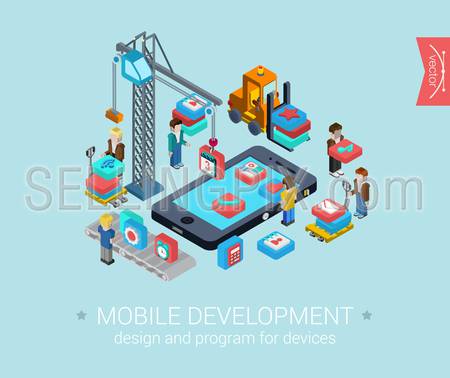 Flat mobile development 3d isometric modern design concept vector icons composition set. Touch screen smart phone and mobile app programming. Flat web illustration infographics elements collection.