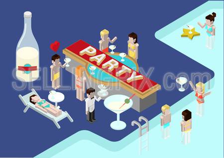 Flat party 3d isometric modern design concept vector icons composition. Alcohol pool party, drinking young male and female, holiday celebration. Web illustration infographics elements conceptual.