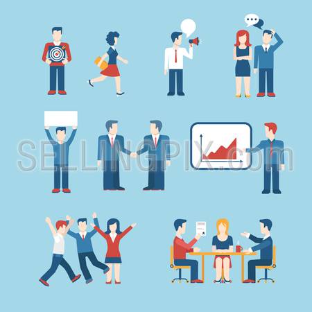 Flat style business people figures icons. Web template vector icon set. Lifestyle situations icons. Marketing target, chat message, talk, banner in hands, handshake, party, report presentation.