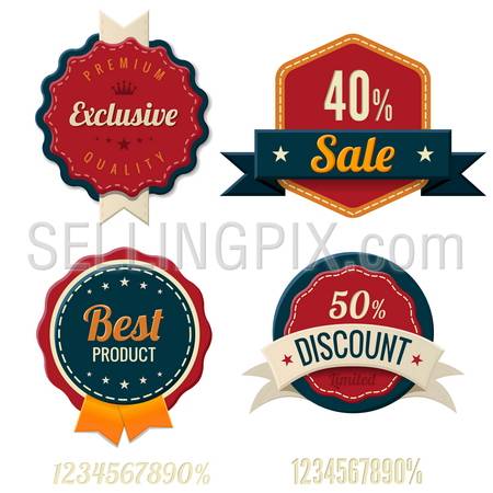Vintage Labels template set. Sale, discount theme. Retro logo template design. Extra High quality. 3D Vector. Beveled Numbers included!