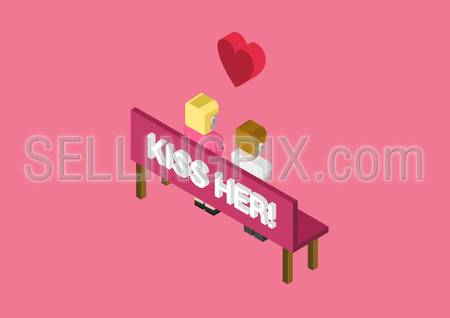 Kiss her date dating rendezvous flat 3d isometric pixel art modern design concept vector. icons. Web banners illustration website click infographics.
