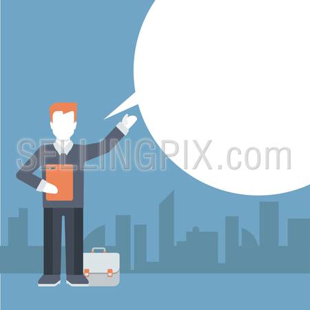 People talking balloon message comic modern style flat template vector. Young businessman with briefcase talks and blank copyspace place for your text or logo. Flat business templates collection.