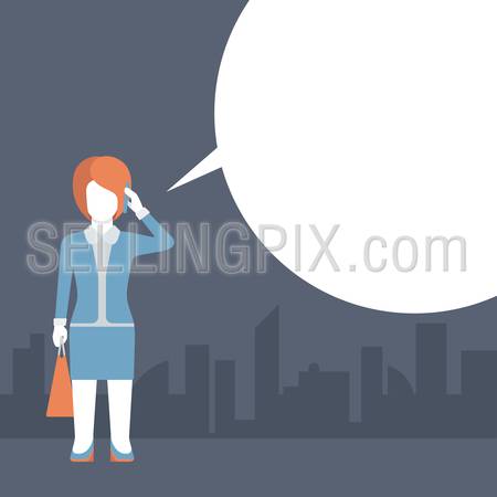 People talking balloon message comic modern style flat template vector. Young female with shopping bag talking phone and blank copyspace place your text or logo. Flat business templates collection.