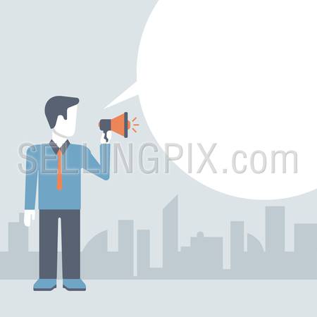Flat businessman talks using loudspeaker. Promotion concept. People talking balloon message comic modern style vector. Blank copyspace place for your text or logo. Flat business templates collection.