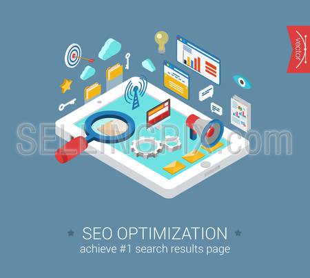 Flat 3d isometric modern style seo optimization tablet computer interface window objects template. Analytics report, cloud computing, mobile email, search engine magnifier. Isometrics collection.