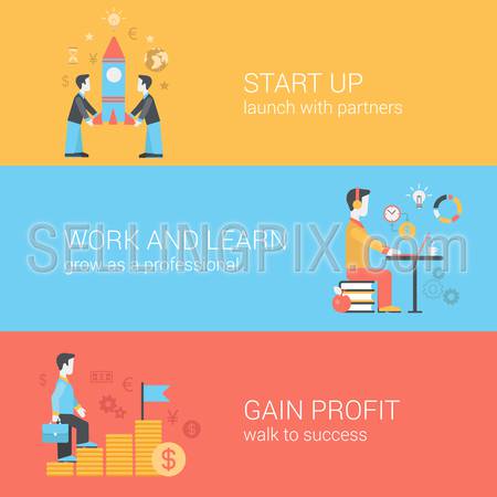 Start up, work and learn, gain profit concept. Partners launching rocket, walk to success, time is money. Vector icon banners template set. Web illustration. Website infographics elements.