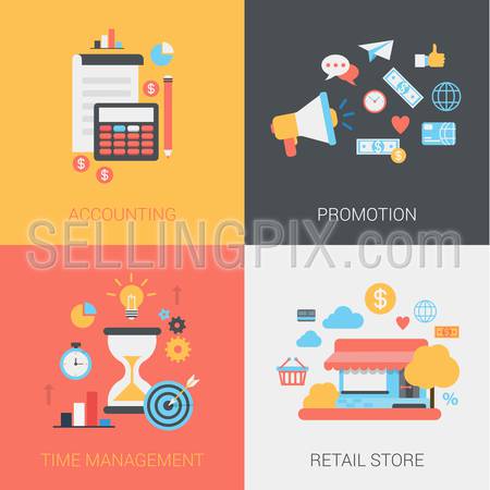 Accounting, promotion, time management and retail store concept. Document, calculator, coins, pencil, loudspeaker etc. Vector icon banner template set. Web illustration. Website infographic elements.