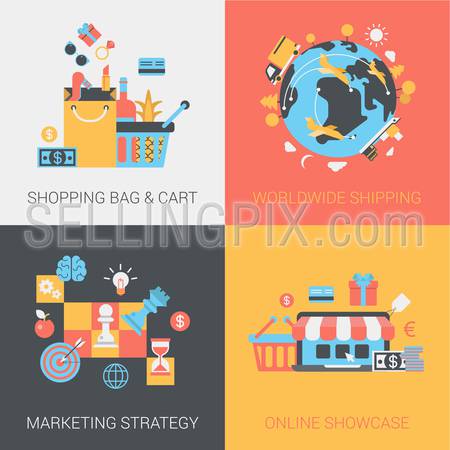 Shopping, shipping, marketing strategy and online store concept. Cart and bag, worldwide delivery, marketing, showcase. Vector icon banners template set. Web illustration. Website infographics elements.